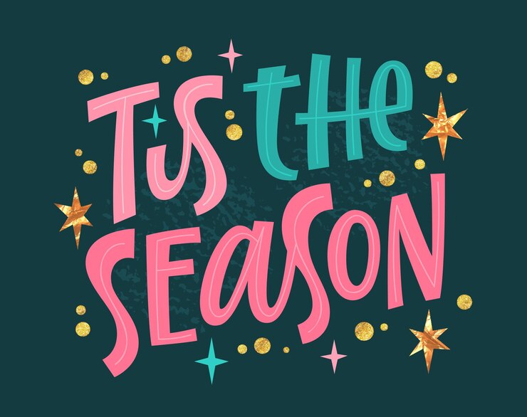 Tis the season modern festive calligraphy style hand lettering design in trendy pink cold green gold colors