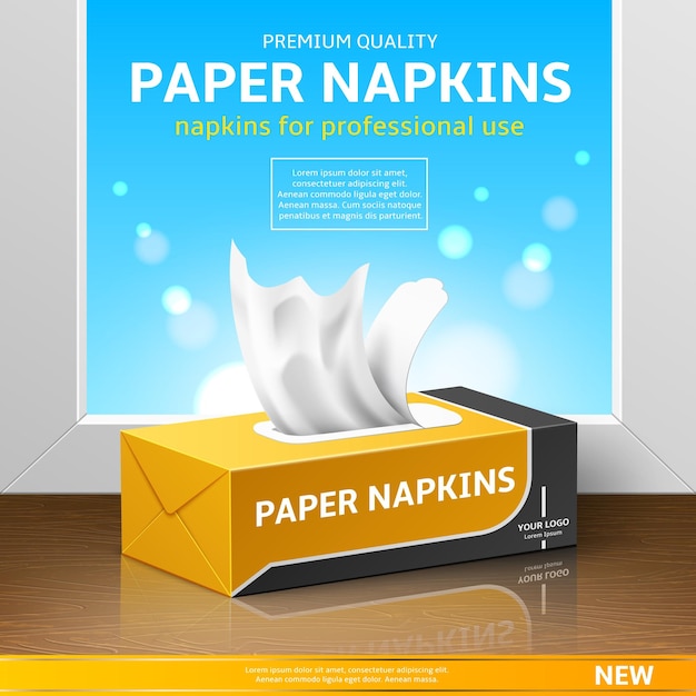 Tissue box poster Realistisch droog keukennappen verpakkingsontwerp hygiëne papieren producten huidreiniger leeg kartonnen pakket 3d mockup reclame banner sjabloon utter vector concept.