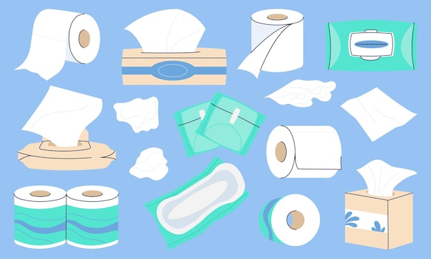 Vector tissue paper set toilet rolls papers towel box wet and dry napkin or doily facial and hands sanitary and self hygiene elements decent vector bathroom collection