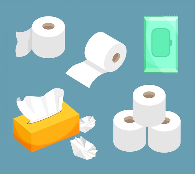 Вектор Набор салфеток, влажные салфетки, рулон туалетной бумаги. используется для туалета, ванной, кухни.