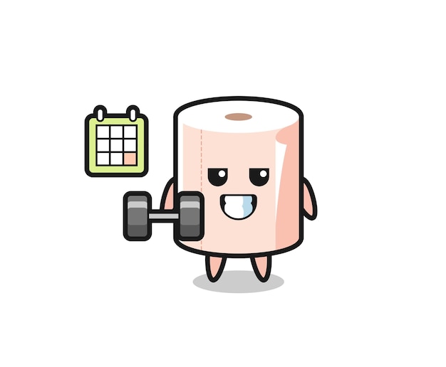 Tissue roll mascot cartoon doing fitness with dumbbell , cute design