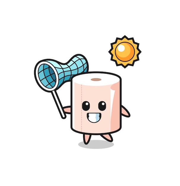 Tissue roll mascot illustration is catching butterfly , cute design