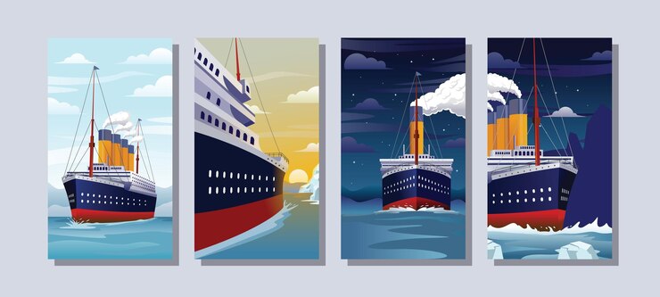 Vector titanic ship in different times