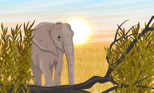 제목 키 큰 마른 풀과 관목이 있는 아프리카 사바나의 큰 아프리카 부시 코끼리