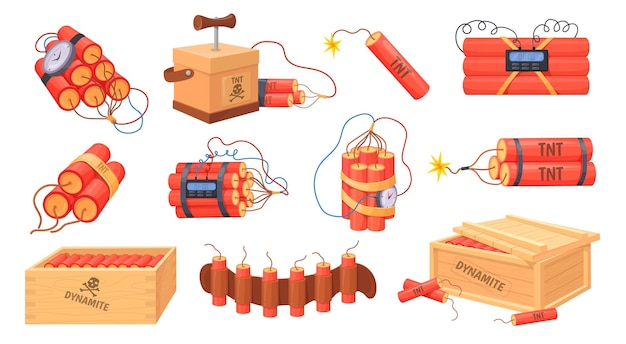 Tnt dynamiet Cartoon bom met brandende lont en explosieve ontsteker rode stok doos mijnbouw ontploffing vernietig voetzoeker miniatuur lont branden