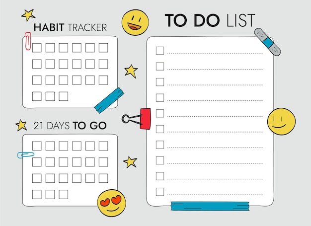Шаблоны списка дел и трекеров привычек (21 день). зажимы для смайликов с элементами скрапбукинга