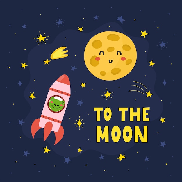 로켓을 타고 날아가는 귀여운 개구리가 있는 달 인쇄 별이 있는 만화 스타일의 재미있는 카드