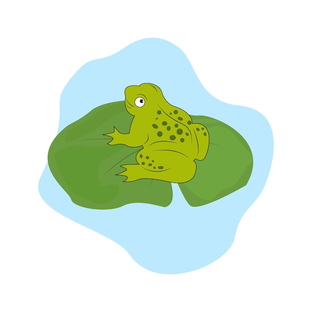 Vector toad a frog hunts a dragonfly in a pond swamp or lake background with water lily grass and reeds