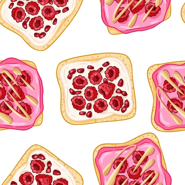 토스트 빵 샌드위치 만화 스타일 원활한 테두리 패턴입니다. 라즈베리와 가넷 씨앗 벽지가 있는 샌드위치. 아침 식사 음식 배경 질감 타일