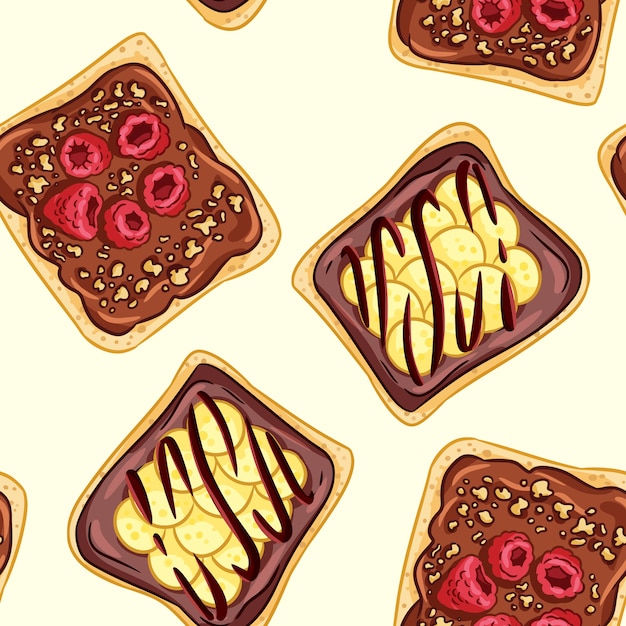 Vector toast brood sandwiches komische stijl naadloze grenspatroon. broodjes met chocolade- of pindakaasbehang. ontbijt eten achtergrond textuur tegel