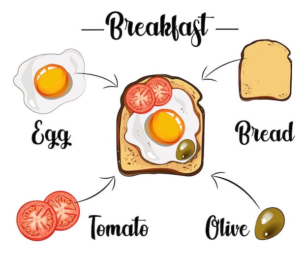 Vector toast met roerei, paprika, tomaten en olijven ingrediënten van het toastrecept