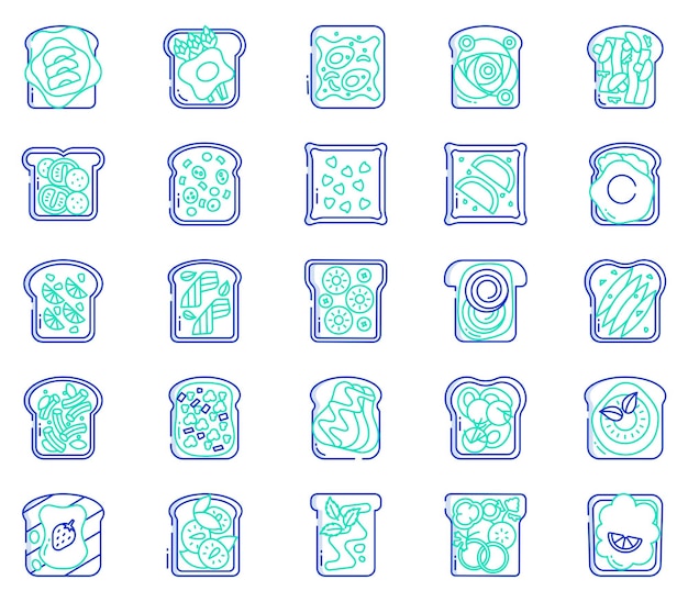 Toast toppings, bread slices toast toppings icon set