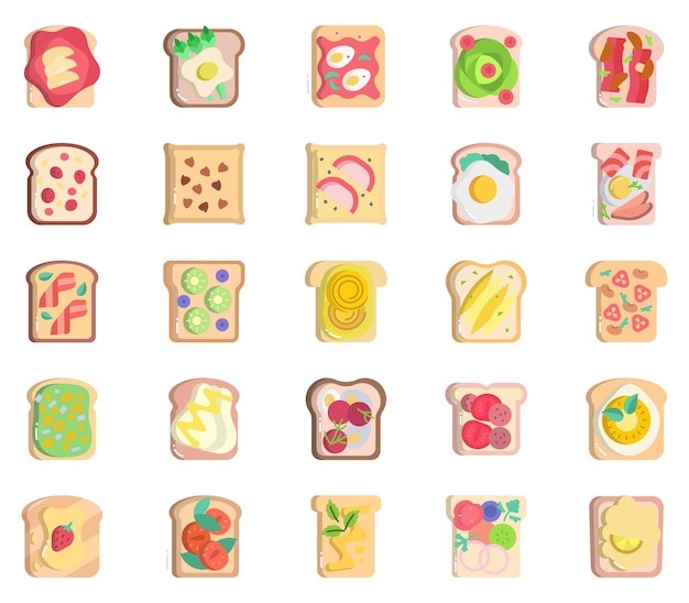 toast toppings, bread slices Toast toppings icon set