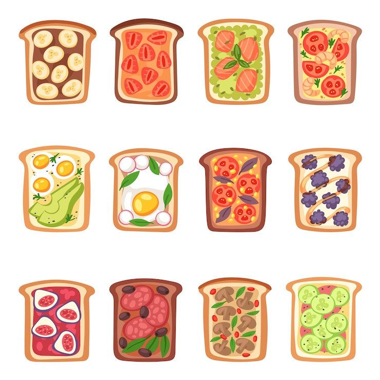 Vector toast vector gezond geroosterd voedsel met broodgroenten en fruit of ei snack voor ontbijt illustratie set van heerlijk broodje met gesneden tomaat en gesneden worstjes geïsoleerd