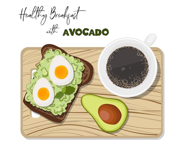 Vector toast with avocado and boiled egg, cup of coffee.