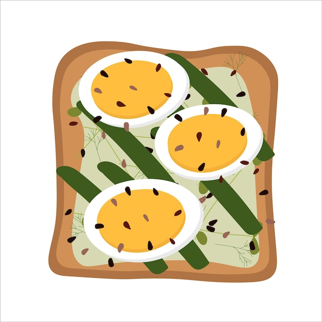 Toast with boiled egg asparagus sprinkled with sesame seeds for breakfast vector flat