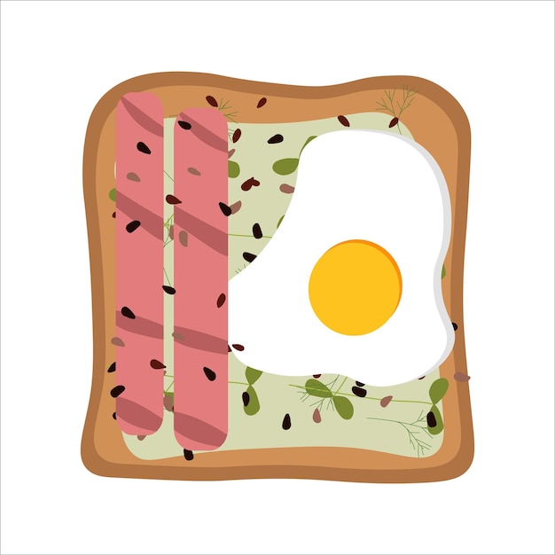 Toast with fried egg and sausages for breakfast vector flat illustration