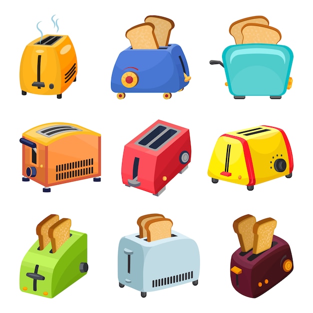 Toaster icons set, cartoon style