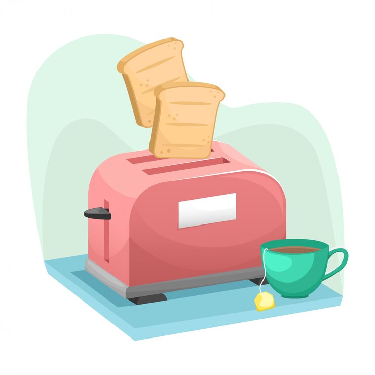 Vector toaster in isometry with pieces of bread flying out of it and a cup of tea.