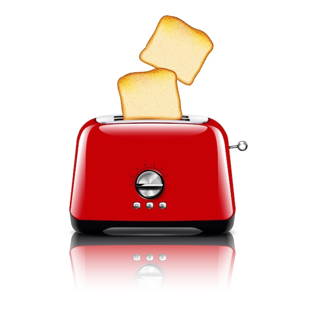 Vector toaster realistic composition with image of red plastic toaster with slices of toast bread and shadows illustration