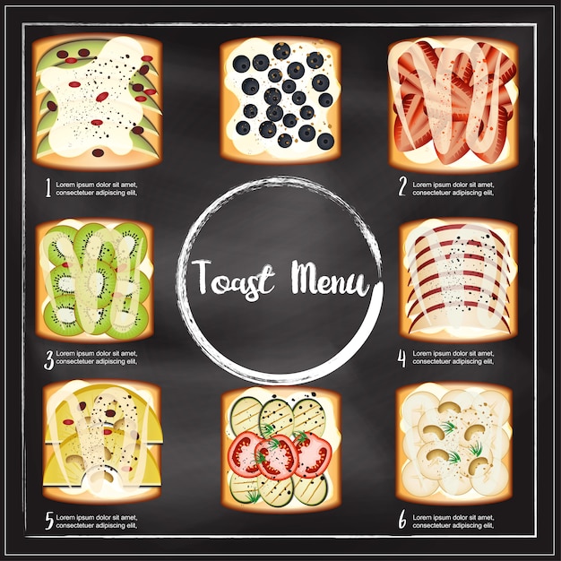 Vector toasts menu in chalkboard background