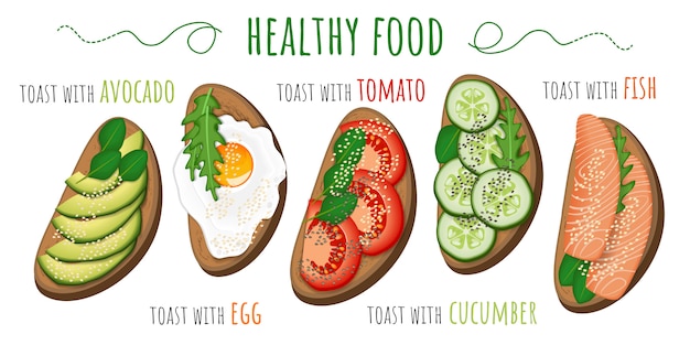 Вектор Тосты с авокадо, помидорами, жареными яйцами, огурцами и рыбой