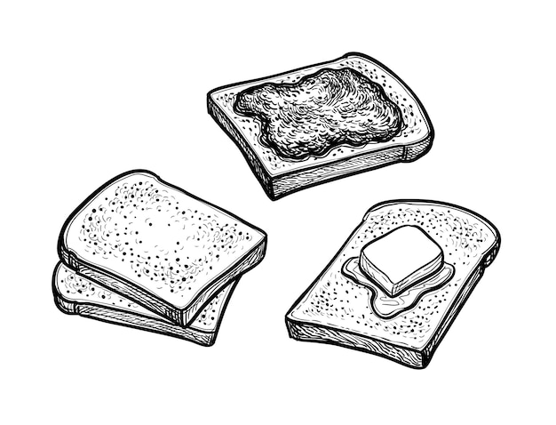 Toasts with butter and jam. Vintage style ink drawing.