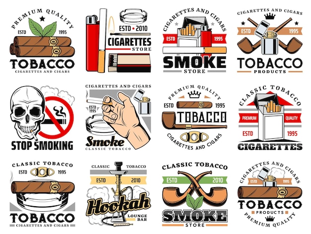 Vector tobacco products cigars shop hookah bar icons