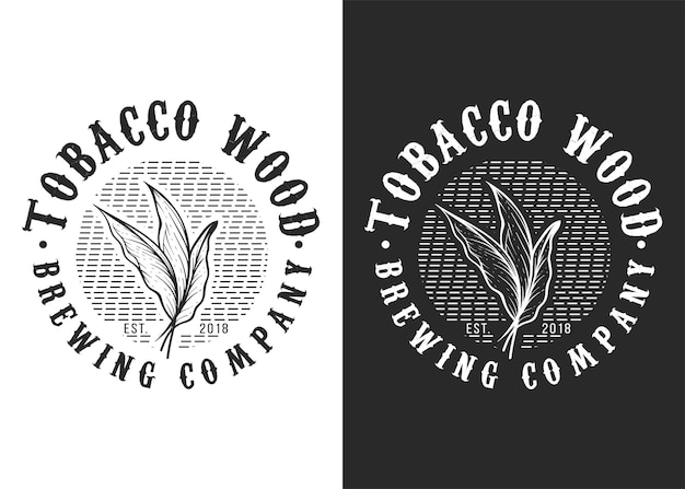 Tobacco Wood Brewing 회사 흑백 벡터 빈티지 라운드 배지 엠블럼 라벨 또는 로고