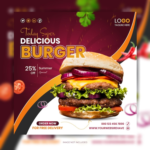 Design del modello di post instagram di hamburger di cibo sano speciale di oggi