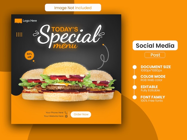 Modello di promozione sui social media del menu speciale hamburger delizioso di oggi