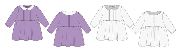Toddler Baby Girl Dress Fashion Flat Vector CAD Template Voor- en Achteruitzichten