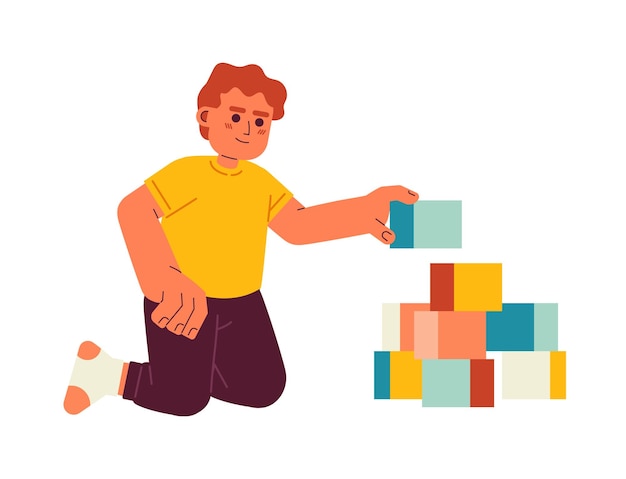 Toddler boy building pyramid cubes semi flat color vector character Male kindergartner playing toy Editable full body person on white Simple cartoon spot illustration for web graphic design