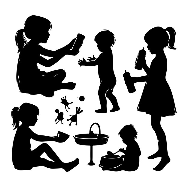 Vettore illustrazione delle silhouette delle attività dei bambini in età infantile