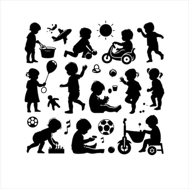 Vector toddler child activity silhouettes newborn baby black set baby activity silhouette illustration