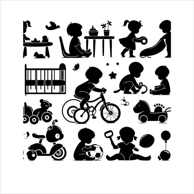 Vector toddler child activity silhouettes newborn baby black set baby activity silhouette illustration