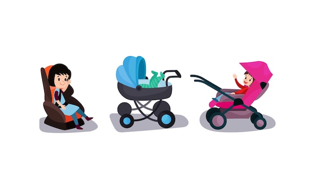 Vector toddlers sitting in baby carriage and booster chair vector illustration set