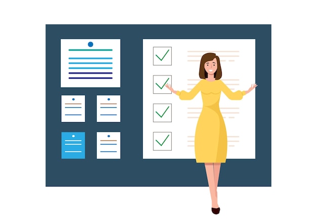 Vector todo list young woman puts check marks in front of completed tasks time management concept
