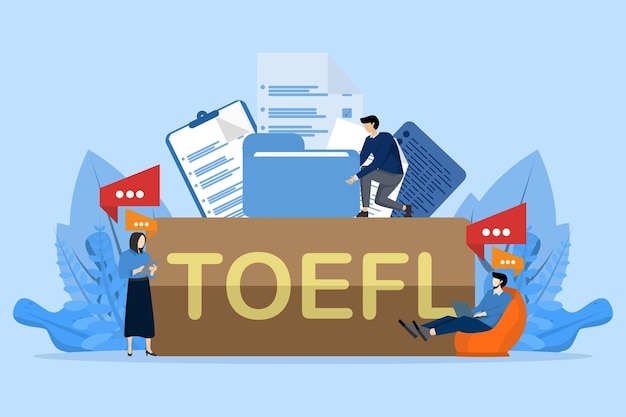 TOEFL 단어 개념 외국어로서의 영어 시험 플랫 스타일 벡터 그림 개념