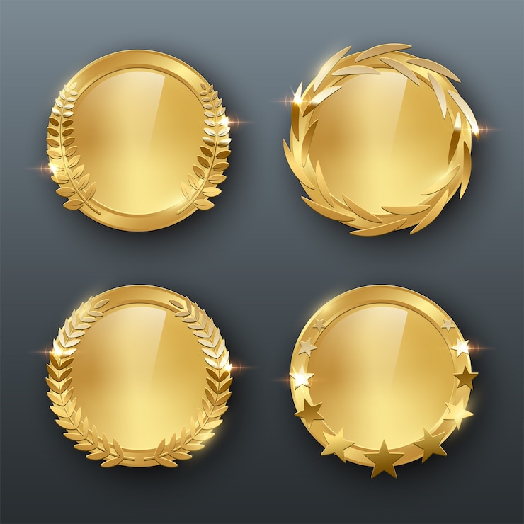 Vector toekenning van gouden lege medailles realistische kleurenillustratie op grijze achtergrond