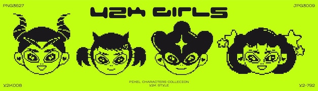 Toekomstig retro stripfiguur in Y2K-stijl Cybermeisjes met sterren voor designcollectie uit de jaren 90