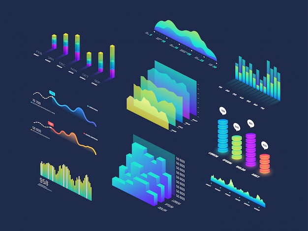 Toekomstige technologie 3d isometrische grafische gegevensfinanciën, zakelijke grafieken, analyse en plan binaire indicatoren en infographic vector-elementen