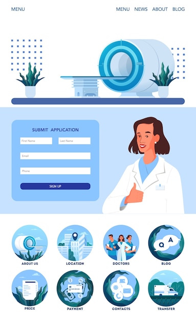 Toepassingspagina voor Magnetic Resonance Imaging. Medisch onderzoek en diagnose. Moderne tomografische scanner. MRI-kliniek app-interface met pictogramidee.