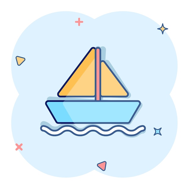 Toerisme schip pictogram in komische stijl vissersboot cartoon vectorillustratie op witte geïsoleerde achtergrond tanker bestemming splash effect bedrijfsconcept