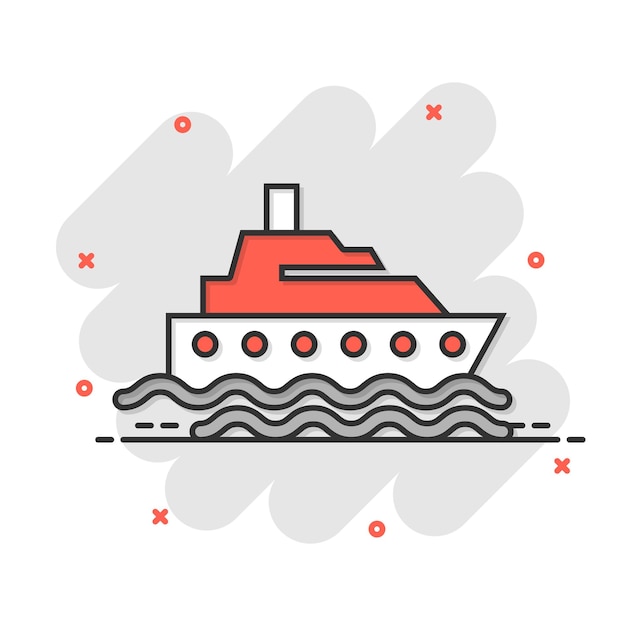 Toerisme schip pictogram in komische stijl Vissersboot cartoon vectorillustratie op witte geïsoleerde achtergrond Tanker bestemming splash effect bedrijfsconcept