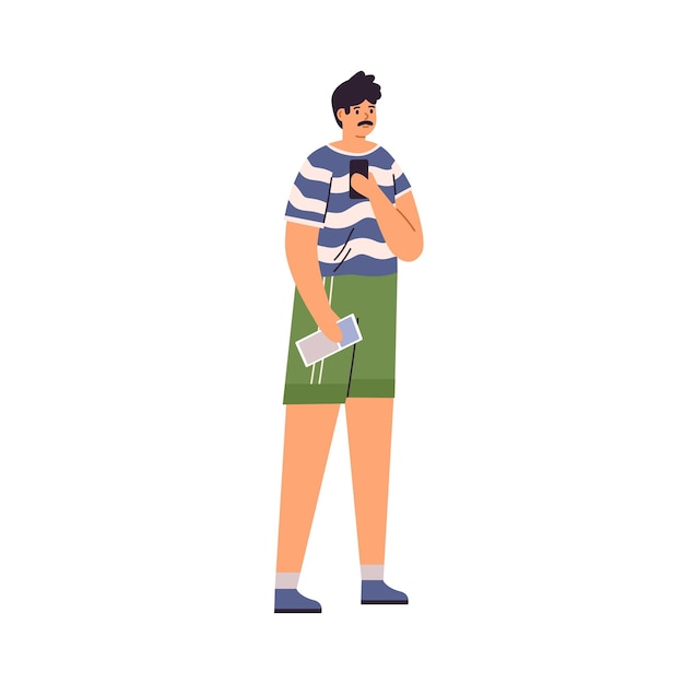 Toerist die zich met gids en mobiele telefoon bevindt en foto neemt bij excursie. Man reizen met kaart en smartphone op zomertour. Toerisme concept. Platte vectorillustratie geïsoleerd op een witte achtergrond