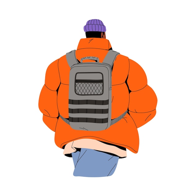 Toerist in oversize die in de stad loopt zwarte persoon in een heldere hoedjas Mensen met rugzak Man in casual outfit in stedelijke stijl in trip back view Platte geïsoleerde vector illustratie op witte achtergrond