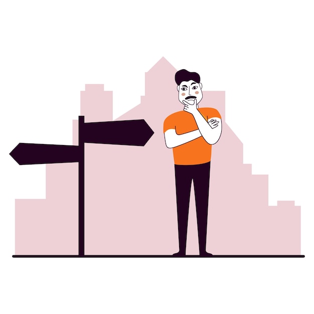 Toerist met wegwijzer Man kijkt naar wegwijzer ouderwetse navigatie