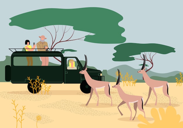 Vector toeristen die jeep op safari in afrika drijven. savanne