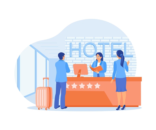 Toeristen inchecken in het hotel De receptioniste controleert de gastenboeklijst Hotel receptioniste concept Platte vector illustratie